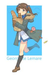Rule 34 | 1girl, bag, baguette, black socks, blue background, blue bow, blue eyes, blue shirt, blunt bangs, bow, brave witches, bread, breath, brown footwear, brown gloves, brown hair, candy, candy bar, character name, coat, commentary, croissant, dress shirt, english text, fading, food, food in mouth, fur-trimmed coat, fur trim, georgette lemare, gloves, grey coat, grocery bag, hair bow, holding, holding bag, hood, hooded coat, jacket, loafers, lollipop, long sleeves, looking at viewer, medium hair, military, military uniform, no pants, outside border, running, shirt, shoes, shopping bag, socks, solo, totonii (totogoya), twintails, uniform, white jacket, wing collar, world witches series