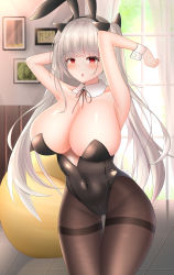 Rule 34 | 1girl, absurdres, alternate costume, animal ears, arms behind head, azur lane, black leotard, breasts, covered navel, curtains, detached collar, drawing (object), fake animal ears, formidable (azur lane), grey hair, highleg, highleg leotard, highres, huge breasts, indoors, laochen, leotard, long hair, looking at viewer, pantyhose, playboy bunny, rabbit ears, red eyes, solo, standing, strapless, strapless leotard, thigh gap, thighband pantyhose, thighs, undersized breast cup, white curtains, window, wrist cuffs