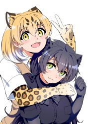 Rule 34 | 2girls, animal ear fluff, animal ears, animal print, arm around shoulder, behind another, black gloves, black hair, black leopard (kemono friends), black shirt, blonde hair, bow, bowtie, breast pocket, brown hair, closed mouth, collared shirt, colored inner hair, elbow gloves, extra ears, gloves, green eyes, hand up, highres, hug, hug from behind, kemono friends, leopard (kemono friends), leopard ears, leopard print, long hair, looking at viewer, mamiyama, medium hair, multicolored hair, multiple girls, open mouth, pocket, print gloves, shirt, short sleeves, siblings, simple background, sisters, smile, sweater vest, upper body, v, white background, white hair, white shirt, wing collar, yellow eyes