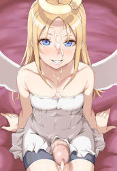 Rule 34 | 1futa, 1other, angel, angel wings, arm support, bare arms, black shorts, blonde hair, blue eyes, blush, broken halo, censored, closed mouth, commentary request, crimvael, cum, dress, ejaculation, erection, facial, flat chest, futanari, grin, halo, highres, himesamaiove, ishuzoku reviewers, large penis, long hair, looking at viewer, mosaic censoring, naughty face, nose blush, off-shoulder dress, off shoulder, one-eyed, penis, shorts, sitting, smile, solo, white dress, white wings, wings