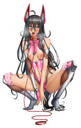 Rule 34 | 1girl, absurdly long hair, all fours, animal collar, animal ears, bare shoulders, blue eyes, bodysuit, boots, breasts, breasts out, cleavage cutout, clothing cutout, collar, fake animal ears, full body, fuuma amane, gloves, hair between eyes, heart cutout, heavy breathing, leotard, lilith-soft, long hair, looking at viewer, moaning, navel, nipples, open mouth, pet play, puffy nipples, ribbon, shindol, simple background, single glove, small breasts, squatting, sweat, taimanin (series), taimanin asagi, tongue, tongue out, tsurime, very long hair, wardrobe malfunction, white background