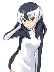 Rule 34 | 1girl, black hair, character request, hair between eyes, hand in own hair, highres, kemono friends, long hair, looking at viewer, multicolored hair, parted lips, red eyes, shiraha maru, simple background, solo, turtleneck, twitter username, two-tone hair, upper body, white background, white hair