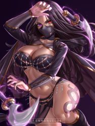Rule 34 | 1girl, breasts, capelet, celine (epic seven), cleavage, collarbone, commission, covering own mouth, cowboy shot, curled fingers, dagger, enma (enmanuelart), epic seven, floating cape, forehead, glowing, glowing weapon, gold trim, hand up, heterochromia, highres, kneeling, knife, large breasts, long hair, long sleeves, mask, midriff, mouth mask, navel, patreon username, purple eyes, red eyes, see-through, see-through skirt, shrug (clothing), skirt, slit pupils, solo, tattoo on hips, telekinesis, thick thighs, thighs, weapon, wide hips