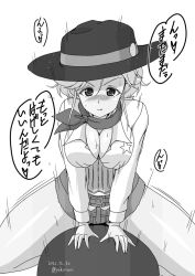 Rule 34 | 1girl, artist name, blush, breasts, cleavage, cowboy hat, dated, girls und panzer, hat, jane (girls und panzer), large breasts, looking at viewer, mechanical bull, monochrome, scarf, shiny skin, short hair, short shorts, shorts, simple background, solo, speed lines, tongue, tongue out, yohinori