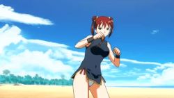 Rule 34 | 1990s (style), aika (series), aika r-16, animated, animated gif, ass, beach, bent over, brown hair, brown theme, china dress, chinese clothes, double bun, dress, fighting stance, golf club, green eyes, hair bun, panties, quipao, red hair, retro artstyle, short hair, skirt, sumeragi aika, twintails, underwear, white panties