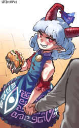 Rule 34 | 1boy, 1girl, artist name, bare shoulders, blue dress, blue hair, blush, breasts, burger, curly hair, dating, dress, earrings, food, food bite, food wrapper, frilled dress, frills, grin, highres, holding, holding food, holding hands, horizontal pupils, horn ornament, horn ribbon, horns, jewelry, kaibootsu, looking at another, meandros, mirrored text, pointy ears, rectangular pupils, red eyes, red horns, ribbon, sesame seeds, sharp teeth, sheep horns, signature, small breasts, smile, solo, teeth, touhou, toutetsu yuuma