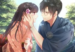 Rule 34 | black hair, blurry, blurry background, couple, day, eye contact, flower, hair between eyes, hair flower, hair ornament, hetero, izumi (stardustalone), japanese clothes, kimono, lens flare, long hair, looking at another, obi, original, outdoors, profile, purple eyes, sash, smile, unmoving pattern