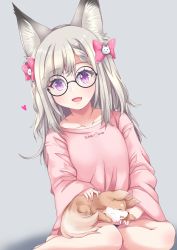 Rule 34 | 1girl, nanashi inc., animal, animal ears, animal on lap, animare, bespectacled, casual, collarbone, commentary request, fang, fox ears, glasses, grey background, hair ribbon, highres, konata gazel, on lap, open mouth, purple eyes, ribbon, seiza, shiromiya mimi, silver hair, simple background, sitting, solo, virtual youtuber