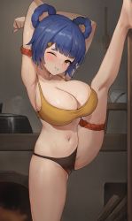 Rule 34 | 1girl, absurdres, alternate breast size, arm strap, armpits, arms behind head, arms up, black panties, blue hair, blush, bowl, bra, breasts, cameltoe, cleavage, fire, flexible, genshin impact, hair ornament, hair rings, hairclip, highres, jag ging, kitchen, large breasts, leg up, looking at viewer, mole, mole on breast, navel, one eye closed, panties, parted lips, paw print, raised eyebrows, revision, short eyebrows, short hair, skindentation, solo, spatula, standing, standing on one leg, stomach, stretching, sweat, thigh strap, thighs, underwear, underwear only, xiangling (genshin impact), yellow bra, yellow eyes