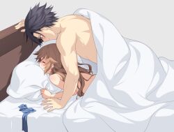 Rule 34 | 1boy, 1girl, arm support, bed, blue hair, blue ribbon, unworn bow, brown hair, closed eyes, commentary, eiyuu densetsu, hakuleg, implied sex, long hair, lying, nude, on stomach, pillow, prone bone, rean schwarzer, ribbon, sen no kiseki, sex, sex from behind, short hair, simple background, symbol-only commentary, towa herschel, under covers