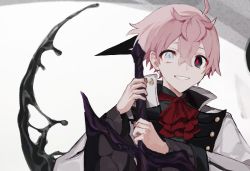 Rule 34 | 1boy, ahoge, black eyes, cropped, hair between eyes, heterochromia, hinayuri, holding, holding weapon, horns, liquid, male focus, null (hinayuri), original, parted lips, pink hair, red neckwear, red pupils, single horn, smile, solo, upper body, weapon, white eyes