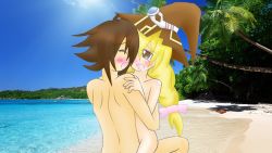 Rule 34 | 1boy, 1girl, absurdres, artist request, beach, beryl benito, blonde hair, blush, braid, brown eyes, brown hair, completely nude, day, hat, hetero, highres, hug, huge filesize, kor meteor, long hair, nude, open mouth, photo background, sex, tagme, tales of (series), tales of hearts, tears, thighs