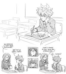 Rule 34 | ..., 1boy, 1girl, absurdres, boku no hero academia, braid, buttoned cuffs, buttons, classroom, closed mouth, comic, commentary, desk, drawing, english commentary, english text, freckles, gakuran, glasses, greyscale, habkart, head rest, highres, holding, holding pencil, indoors, long hair, long sleeves, looking at another, midoriya izuku, monochrome, neckerchief, opaque glasses, open mouth, pencil, pointing, school desk, school uniform, serafuku, short hair, simple background, sitting, smile, speech bubble, standing, sweat, twin braids, white background