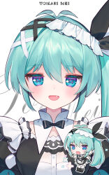 Rule 34 | 1girl, ainy, antenna hair, apron, black bow, black bowtie, black dress, black ribbon, blue eyes, blush, bow, bowtie, character name, chibi, chibi inset, cleavage cutout, clothing cutout, detached collar, dress, fang, frilled apron, frills, green hair, hair between eyes, hair ornament, hair ribbon, highres, indie virtual youtuber, jitome, long hair, looking at viewer, maid, maid apron, maid headdress, official art, open mouth, ribbon, sidelocks, simple background, smile, straight-on, symbol-shaped pupils, text background, tonari mei, traditional bowtie, upper body, virtual youtuber, waist apron, white apron, white background, x hair ornament