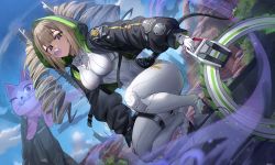 Rule 34 | 1girl, absurdres, black jacket, blue eyes, blue sky, bodysuit, breasts, blowing bubbles, cable, chakram, chewing gum, cloud, covered navel, cropped jacket, drill hair, fake tail, full body, highres, holding, holding weapon, hood, hood up, jacket, jeze, large breasts, light brown hair, long hair, long sleeves, looking at viewer, mountain, open clothes, open jacket, outdoors, shiro (tower of fantasy), sky, solo, squatting, tail, thigh strap, tower of fantasy, twin drills, twintails, weapon, white bodysuit