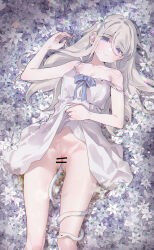 Rule 34 | 1girl, alicecrazy, bar censor, bare shoulders, blue bow, blue eyes, bow, breasts, bright pupils, censored, cleavage, commentary request, cropped legs, dress, flower, flower bed, grey hair, hair between eyes, hair flower, hair ornament, highres, iris (flower), long hair, looking at viewer, lying, medium breasts, mole, mole under eye, no panties, on back, original, parted bangs, pee, single off shoulder, snake, wavy hair, white dress, white pupils