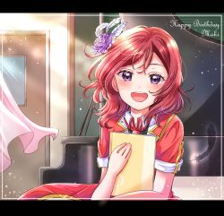 Rule 34 | 1girl, :d, chalkboard, character name, curtains, door, eneco, feathers, flower, framed, grand piano, hair flower, hair ornament, happy birthday, highres, indoors, instrument, letterboxed, light particles, light rays, looking at viewer, love live!, love live! school idol project, nishikino maki, open mouth, piano, purple eyes, red hair, short sleeves, smile, solo, upper body