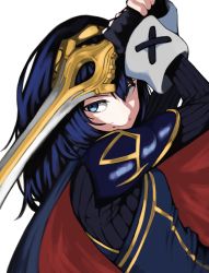 Rule 34 | 1girl, armor, arms up, blue bodysuit, blue cape, blue eyes, blue hair, blue shirt, bodysuit, breasts, cape, chorogon, closed mouth, commentary request, dutch angle, eyelashes, falchion (fire emblem), fingerless gloves, fire emblem, fire emblem awakening, gloves, gold trim, hair between eyes, highres, holding, holding weapon, long sleeves, looking at viewer, lucina (fire emblem), medium hair, nintendo, red cape, shirt, shoulder armor, simple background, small breasts, solo, sword, upper body, weapon, white background, wrist cuffs