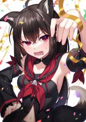 Rule 34 | ahoge, animal ear fluff, animal ears, arm up, armpits, black hair, black hoodie, blush, braid, breasts, commentary request, confetti, detached sleeves, earrings, fox ears, fox girl, fox tail, hair between eyes, hand on own hip, highres, hololive, hood, hoodie, jenevan, jewelry, kurokami fubuki, long hair, looking at viewer, midriff, navel, neckerchief, open mouth, red eyes, red neckerchief, sidelocks, simple background, single braid, small breasts, sweatdrop, tail, v-shaped eyebrows, virtual youtuber, white background