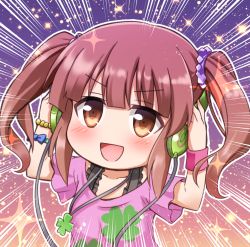 Rule 34 | 10s, 1girl, blush, bracelet, brown eyes, brown hair, chibi, commentary request, emphasis lines, four-leaf clover necklace, headphones, idolmaster, idolmaster cinderella girls, jewelry, long hair, looking at viewer, necklace, nichika (nitikapo), ogata chieri, open mouth, scrunchie, smile, solo, twintails, wristband