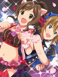 Rule 34 | 10s, 2girls, absurdres, animal ears, asterisk (idolmaster), brown hair, cat ears, cat tail, cherry blossoms, fang, flower, green eyes, hanawi nova, headphones, highres, idolmaster, idolmaster cinderella girls, looking at viewer, maekawa miku, midriff, multiple girls, open mouth, over the collar, short hair, smile, tada riina, tail