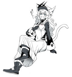 Rule 34 | 1girl, alchemy stars, animal ear fluff, animal ears, blue eyes, boots, breasts, cat ears, cat tail, commentary request, covered navel, crossed legs, dress, fang, full body, gloves, greyscale, hat, hibi gakeppuchi, invisible chair, long hair, looking at viewer, medium breasts, monochrome, nipples, open mouth, peaked cap, philyshy (alchemy stars), simple background, sitting, skin fang, solo, spot color, tail, translation request, white background