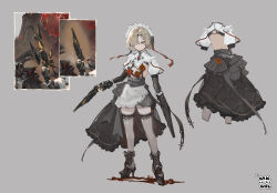 Rule 34 | 1girl, apron, asymmetrical clothes, asymmetrical skirt, azur lane, backless outfit, bare back, belt, black belt, black footwear, black skirt, boots, dress, dual wielding, flower, flower ornament, grey background, grey dress, gun, hair over one eye, high heel boots, high heels, highres, holding, holding gun, holding weapon, juliet sleeves, light brown hair, long sleeves, looking at viewer, maid headdress, mkiiiiii, o-ring, official art, puffy sleeves, red flower, red rose, rose, sheffield (azur lane), sheffield (meta) (azur lane), simple background, sketch, skirt, solo, thighhighs, unfinished, waist apron, weapon, white apron, white thighhighs, windforcelan, yellow eyes, zettai ryouiki