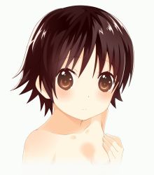 Rule 34 | 10s, 1girl, :o, blush, body blush, breasts, brown eyes, brown hair, collarbone, covering privates, covering chest, dot nose, eyelashes, fingernails, from side, grey background, hand on own chest, highres, looking at viewer, nude, open mouth, orancio muwi, portrait, sawatari fuu, short hair, simple background, small breasts, solo, tamayura, tareme