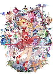 Rule 34 | 1girl, ankle cuffs, ascot, blonde hair, bow, collar, cross, flandre scarlet, frilled collar, frilled cuffs, frilled sleeves, frills, full body, hat, hat bow, highres, looking at viewer, mob cap, nail polish, open mouth, puffy short sleeves, puffy sleeves, red eyes, red footwear, red nails, red skirt, red vest, shirt, shoes, short sleeves, skirt, skirt set, solo, stuffed animal, stuffed toy, teddy bear, touhou, vest, white hat, white shirt, wrist cuffs, yasato