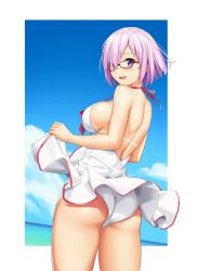 Rule 34 | 1girl, ass, back, blush, breasts, clothes lift, cloud, day, fate/grand order, fate (series), glasses, hair over one eye, large breasts, looking at viewer, looking back, mash kyrielight, mash kyrielight (swimsuit of perpetual summer), ocean, official alternate costume, one-piece swimsuit, open mouth, purple eyes, purple hair, sawada yuusuke, short hair, sky, smile, solo, swimsuit, swimsuit lift, tan, tanline, white one-piece swimsuit