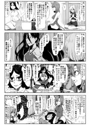 Rule 34 | 4koma, 5girls, adapted costume, alternate hair length, alternate hairstyle, animal ears, bare shoulders, boots, boulder, bow, bracelet, braid, breasts, carrot necklace, cat ears, cat tail, chen, comic, cup, detached sleeves, enami hakase, closed eyes, food, fruit, greyscale, hair bow, hair ornament, hair tubes, hakurei reimu, hands in opposite sleeves, highres, inaba tewi, jewelry, kirisame marisa, kochiya sanae, long hair, mandarin orange, monochrome, multiple girls, multiple tails, necklace, onbashira, open mouth, rabbit ears, rattle, rope, seiza, shimenawa, short hair, single braid, sitting, skull hair ornament, table, tail, tears, thighhighs, touhou, translation request, very long hair, yunomi