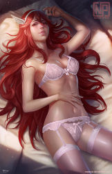 Rule 34 | 1girl, bed, bra, breasts, caeldori (fire emblem), cleavage, fire emblem, fire emblem fates, garter belt, garter straps, hairband, highres, looking at viewer, lying, nintendo, nopeys, on back, panties, parted lips, pillow, red hair, solo, underwear, underwear only, winged hairband