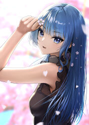 Rule 34 | 1girl, absurdres, arm up, armpit peek, bare arms, black shirt, blue eyes, blue hair, blurry, breasts, depth of field, earrings, falling petals, flower, frills, from side, hair flower, hair ornament, highres, hololive, hoshimachi suisei, jewelry, laimer, long hair, looking at viewer, looking to the side, official alternate hairstyle, open mouth, petals, shirt, small breasts, smile, solo, star (symbol), star in eye, straight hair, symbol in eye, upper body, virtual youtuber