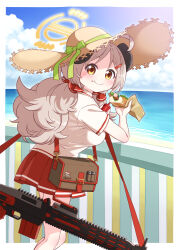 Rule 34 | 1girl, :t, ahoge, bag, beach, blue archive, blue sky, blush, bottle, bow, breasts, brown eyes, brown hair, brown hat, closed mouth, cloud, cloudy sky, collared shirt, commentary request, day, eating, food, food on face, forehead, from side, green bow, gun, hair ornament, hairclip, halo, harada (sansei rain), hat, hat bow, highres, holding, holding bottle, holding food, horizon, horns, hot dog, izumi (blue archive), ketchup bottle, large breasts, long hair, looking at viewer, looking to the side, low twintails, machine gun, mg3, ocean, outdoors, parted bangs, pleated skirt, railing, red skirt, sand, shirt, short sleeves, shoulder bag, skirt, sky, smile, solo, straw hat, twintails, very long hair, water, weapon, white shirt