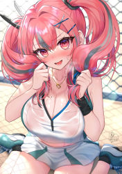 Rule 34 | 1girl, azur lane, bare shoulders, blush, bow, breasts, bremerton (azur lane), bremerton (scorching-hot training) (azur lane), cleavage, crop top, crop top overhang, embarrassed, grabbing another&#039;s hair, grey hair, hair between eyes, hair bow, hair ornament, hairclip, heart, heart necklace, holding, holding own hair, jewelry, kohanayuki, large breasts, long hair, looking at viewer, mole, mole on breast, mole under mouth, multicolored hair, necklace, no bra, open mouth, outdoors, pink hair, see-through, sitting, sportswear, streaked hair, tennis uniform, twintails, two-tone hair, two-tone shirt, two-tone skirt, wet, wet clothes, x hair ornament