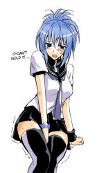 Rule 34 | 1girl, black thighhighs, blue hair, blush, female focus, gender request, genderswap, hard-translated, have to pee, kampfer, marumi, open mouth, scared, senou natsuru, simple background, skirt, solo, sweat, thighhighs, third-party edit, translated, trembling, white background, zettai ryouiki