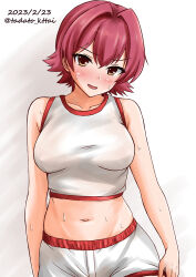 Rule 34 | 1girl, breasts, commentary request, crop top, dated, kamiya tadato, kantai collection, kinu (kancolle), medium breasts, midriff, navel, orange eyes, red hair, shirt, short hair, shorts, simple background, sleeveless, sleeveless shirt, solo, sweat, twitter username, white background, white shirt, white shorts