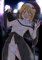 Rule 34 | 1girl, adapted costume, blonde hair, blush, breasts, cowboy shot, crescent, crescent pin, exhibitionism, groin, habit, harusame (unmei no ikasumi), highres, lunasa prismriver, navel, nun, open mouth, outdoors, pasties, public indecency, short hair, small breasts, solo, tongue, tongue out, touhou, v, yellow eyes
