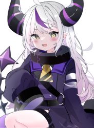 Rule 34 | ahoge, belt, blush, braid, closed mouth, collar, demon horns, dot nose, grey hair, hand up, hands in sleeves, highres, hololive, holox, horns, la+ darknesss, long hair, multicolored hair, necktie, nocchi (r ws2l), pointy ears, purple hair, purple neckwear, simple background, sitting, smug, tail, two-tone hair, very long sleeves, virtual youtuber, white background, yellow eyes, yellow necktie