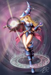 Rule 34 | 1girl, bare shoulders, blonde hair, blue eyes, blue footwear, boots, breasts, cape, casting spell, choker, cleavage, dark magician girl, duel monster, full body, hat, highres, jewelry, kyokopro, large breasts, long hair, moving, off shoulder, pentacle, pointing, pointing finger, skirt, solo, staff, wizard hat, yu-gi-oh!