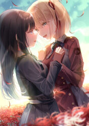 Rule 34 | 2girls, absurdres, belt, black hair, blonde hair, blue belt, blue ribbon, blush, breasts, chromatic aberration, cloud, cloudy sky, commentary request, day, dress, eye contact, flower, green belt, hands on another&#039;s chest, happy, high collar, highres, inoue takina, interlocked fingers, large breasts, long dress, long hair, looking at another, lycoris recoil, lycoris uniform, multiple girls, neck ribbon, nishikigi chisato, open mouth, outdoors, petals, pleated dress, purple eyes, red eyes, red flower, ribbon, short hair, sky, smile, spider lily, sunlight, touki matsuri, two-tone dress, upper body, white flower, white spider lily, yuri