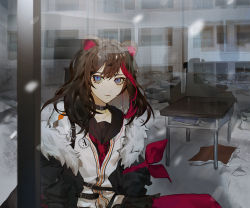 Rule 34 | 1girl, absurdres, animal ears, arknights, armband, bear ears, black jacket, black skirt, blue eyes, book, brown hair, brown sailor collar, classroom, desk, fur-trimmed jacket, fur trim, hair between eyes, highres, jacket, looking at viewer, multicolored hair, neckerchief, open book, open clothes, open jacket, pantyhose, red hair, red neckerchief, red pantyhose, sailor collar, sitting, skirt, solo, streaked hair, sweater, through window, white sweater, window, yuan (user fcvw5484), zima (arknights)