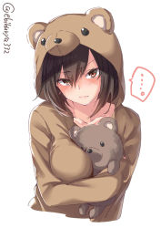 Rule 34 | ..., 1girl, alternate costume, animal costume, animal ears, bear costume, bear ears, black hair, blush, breasts, brown eyes, brown hair, closed mouth, collarbone, cropped torso, ebifurya, hair between eyes, head tilt, highres, kantai collection, large breasts, lips, long hair, looking at viewer, nagato (kancolle), hugging object, pink lips, solo, spoken ellipsis, stuffed animal, stuffed toy, teddy bear, upper body, white background