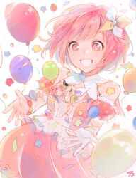 Rule 34 | 2girls, 43 pon, :d, bad id, bad twitter id, balloon, bracelet, cowboy shot, detached collar, detached sleeves, dress, dual persona, highres, jewelry, looking at another, mini person, minigirl, multiple girls, ootori emu, open mouth, outstretched arms, pink dress, pink eyes, pink hair, project sekai, puffy detached sleeves, puffy sleeves, short hair, signature, smile, standing, star (symbol), white background