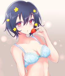 Rule 34 | 1girl, :o, black hair, blue bra, bow, bow bra, bra, breasts, commentary, food, fruit, hair ornament, holding, holding food, holding fruit, lace, lace-trimmed bra, lace trim, looking at viewer, makeup, mascara, medium breasts, mizuno ai, open mouth, red eyes, short hair, solo, strawberry, terimuku, underwear, underwear only, upper body, zombie land saga
