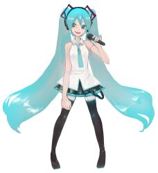 Rule 34 | 1girl, aqua eyes, aqua hair, artist request, bare arms, full body, happy, hatsune miku, highres, holding, holding microphone, looking at viewer, mag (ma9xxx), microphone, nail polish, shirt, simple background, skirt, sleeveless, sleeveless shirt, smile, transparent background, twintails, vocaloid