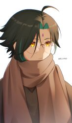 Rule 34 | 1boy, artist name, black hair, brown scarf, brown shirt, closed mouth, facial mark, forehead mark, genshin impact, glasses, green hair, highres, jk 4140, male focus, multicolored hair, scarf, shirt, solo, twitter username, white background, xiao (genshin impact), yellow eyes