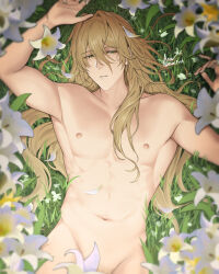 Rule 34 | 1boy, abs, arm up, asa ifrit (asaifrit), blonde hair, completely nude, flower, grass, green eyes, hand up, highres, honkai: star rail, honkai (series), long hair, luocha (honkai: star rail), lying, male focus, muscular, muscular male, navel, nipples, nude, solo, stomach