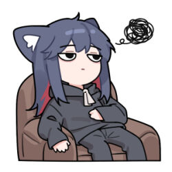 Rule 34 | 1girl, ahoge, animal ears, arknights, armchair, black hair, black pants, black sweater, chair, chibi, ear piercing, exhausted, feet out of frame, hand on own stomach, hood, hood down, hooded sweater, huang qing ye, long hair, long sleeves, lowres, pants, piercing, red hair, sidelocks, simple background, sitting, solo, squiggle, sweater, texas (arknights), white background, wolf ears