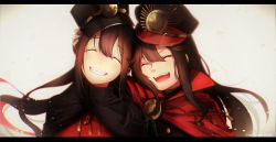 Rule 34 | 1boy, 1girl, black cape, black hair, brother and sister, cape, closed eyes, crest, family crest, fate/grand order, fate (series), hand on another&#039;s head, hat, japanese clothes, koha-ace, koruta (nekoimo), letterboxed, long hair, military, military uniform, oda nobukatsu (fate), oda nobunaga (fate), oda nobunaga (koha-ace), open mouth, peaked cap, red cape, siblings, smile, uniform